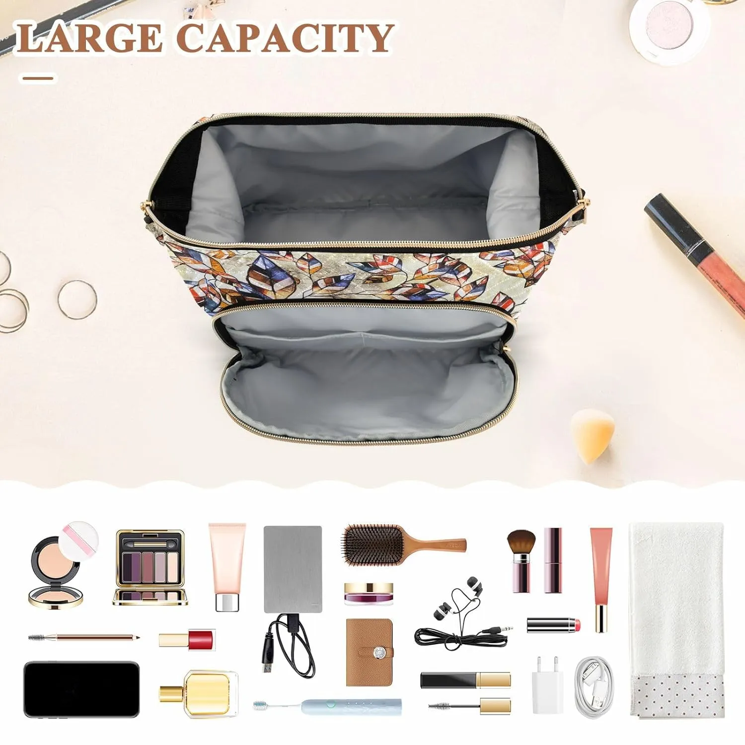 Women Wave Quilt Cosmetic Bag, Zipper Toiletry Storage 10.2x5.9x6.7 in, Pouch Handbag Makeup Case Purse Holder Organizer Tree Of Life Vintage Abstract Art Tree