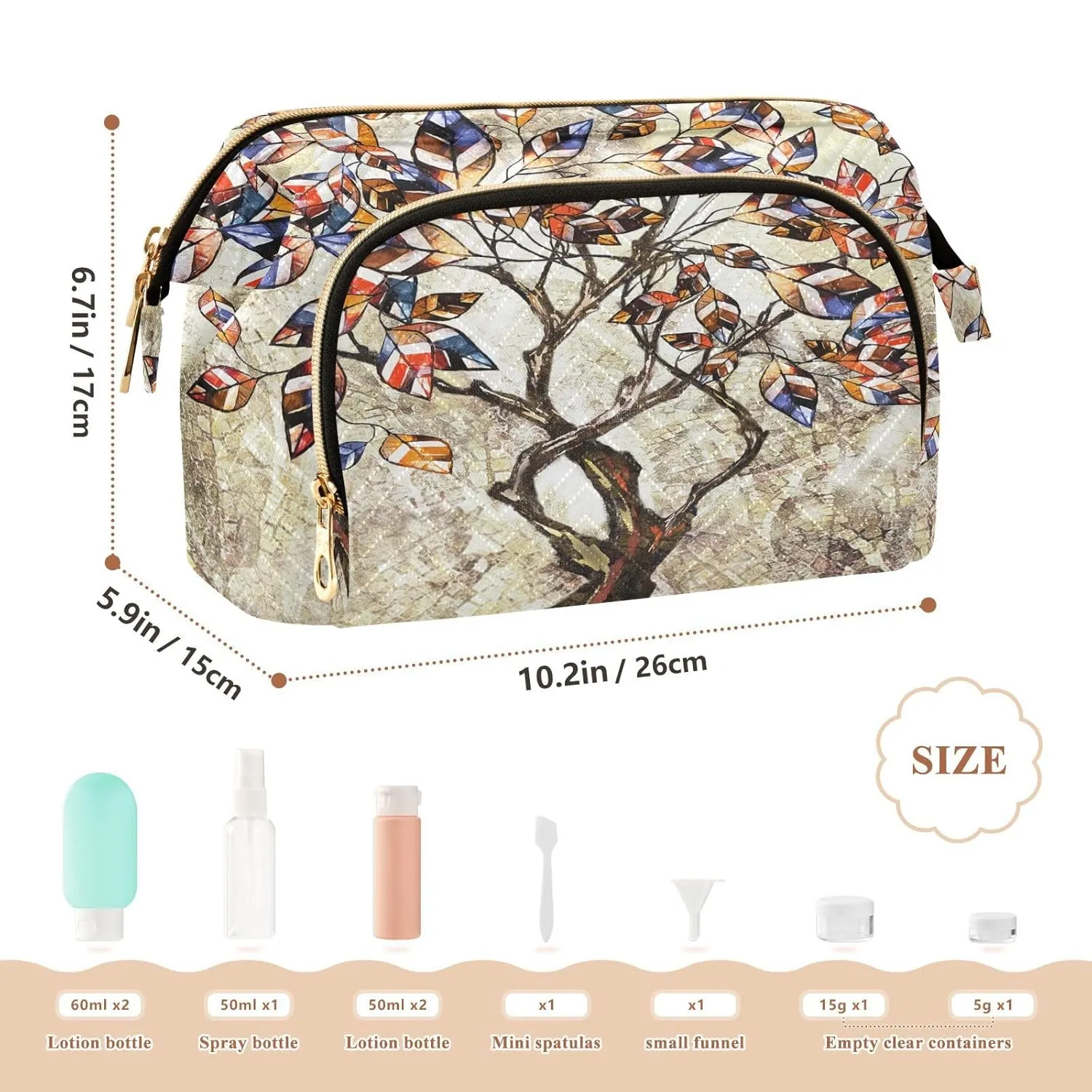 Women Wave Quilt Cosmetic Bag, Zipper Toiletry Storage 10.2x5.9x6.7 in, Pouch Handbag Makeup Case Purse Holder Organizer Tree Of Life Vintage Abstract Art Tree