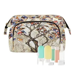 Women Wave Quilt Cosmetic Bag, Zipper Toiletry Storage 10.2x5.9x6.7 in, Pouch Handbag Makeup Case Purse Holder Organizer Tree Of Life Vintage Abstract Art Tree