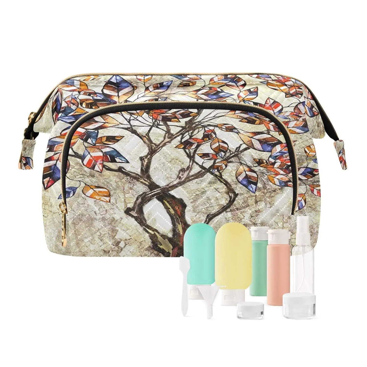 Women Wave Quilt Cosmetic Bag, Zipper Toiletry Storage 10.2x5.9x6.7 in, Pouch Handbag Makeup Case Purse Holder Organizer Tree Of Life Vintage Abstract Art Tree