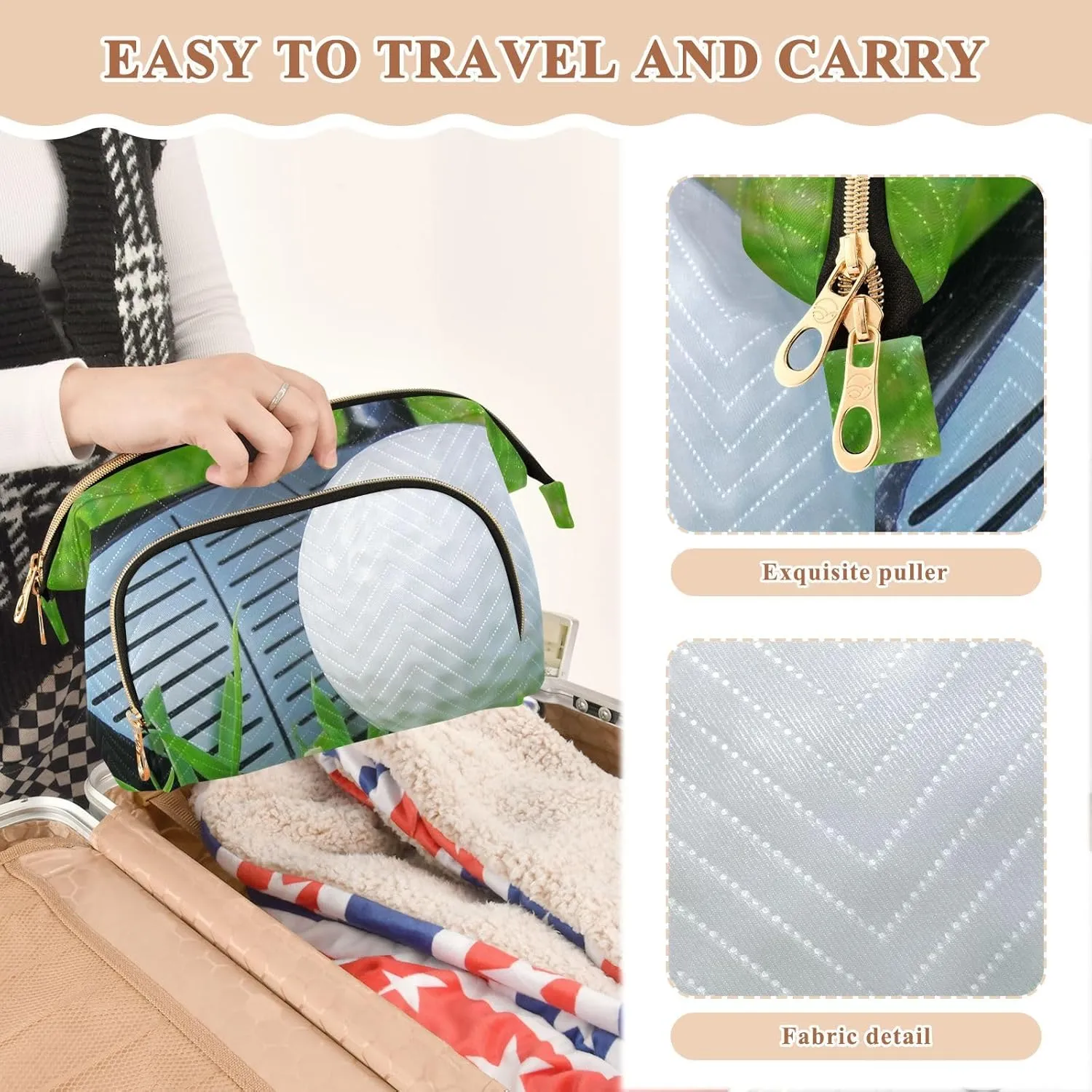 Women Wave Quilt Cosmetic Bag, Zipper Toiletry Storage 10.2x5.9x6.7 in, Pouch Handbag Makeup Case Purse Holder Organizer White Golf Ball Off A Steel Tee Green