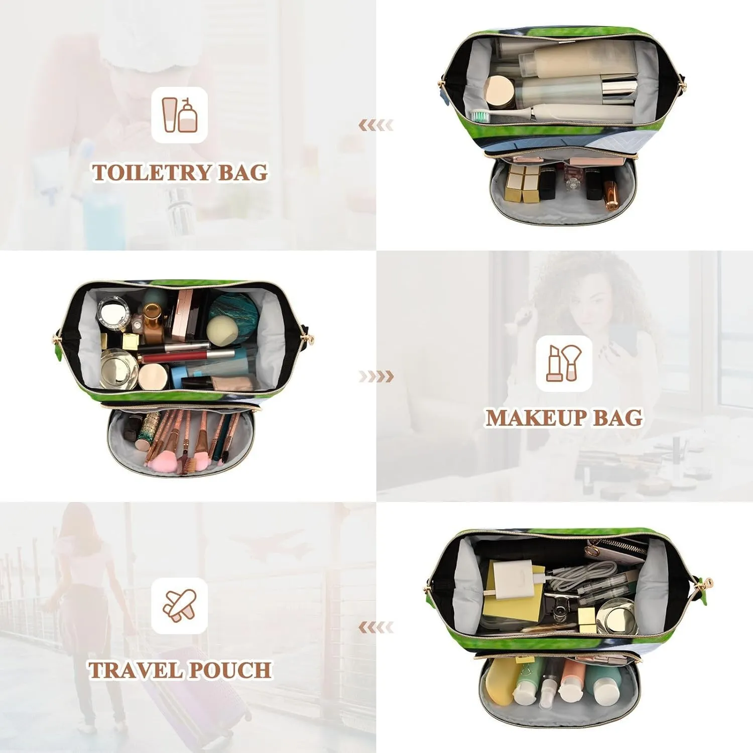 Women Wave Quilt Cosmetic Bag, Zipper Toiletry Storage 10.2x5.9x6.7 in, Pouch Handbag Makeup Case Purse Holder Organizer White Golf Ball Off A Steel Tee Green