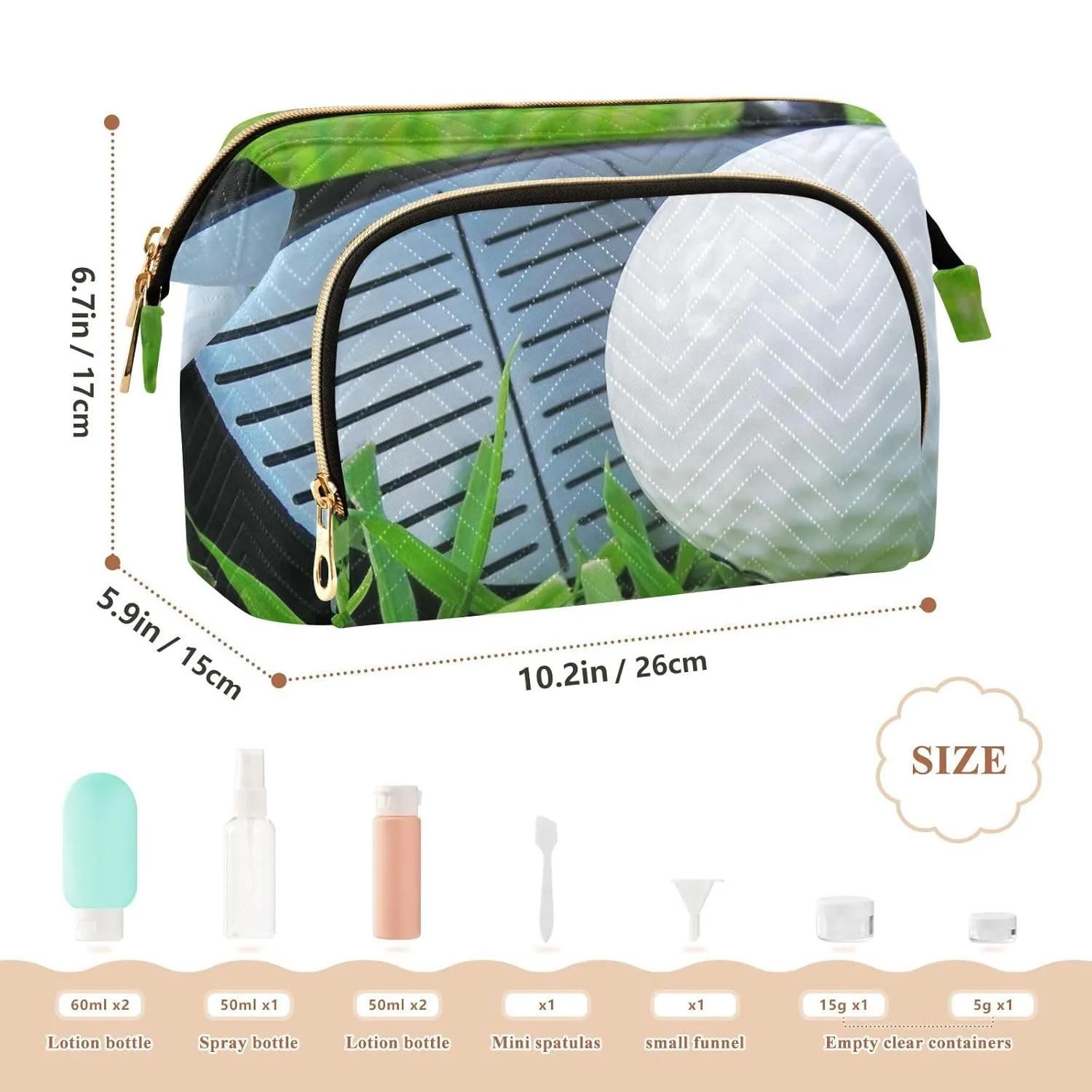 Women Wave Quilt Cosmetic Bag, Zipper Toiletry Storage 10.2x5.9x6.7 in, Pouch Handbag Makeup Case Purse Holder Organizer White Golf Ball Off A Steel Tee Green