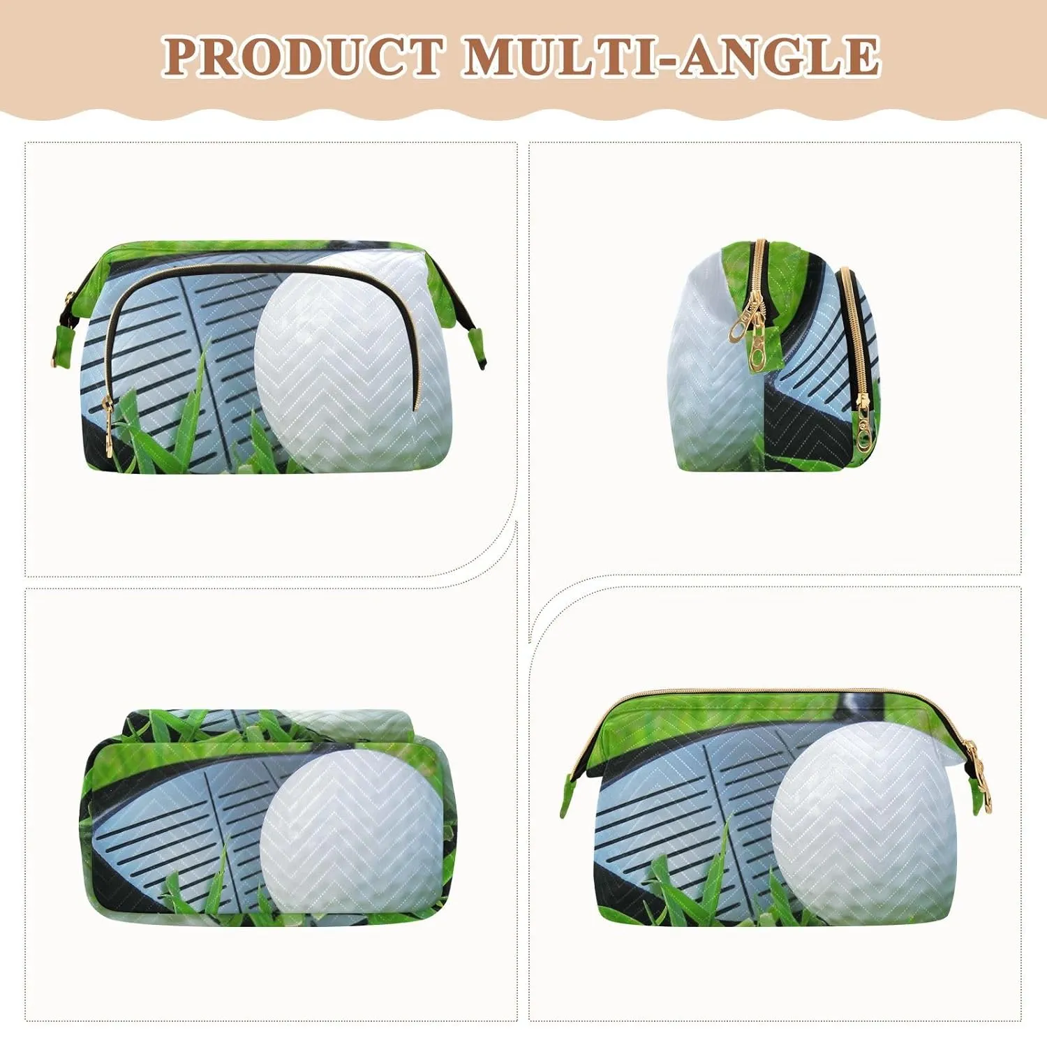 Women Wave Quilt Cosmetic Bag, Zipper Toiletry Storage 10.2x5.9x6.7 in, Pouch Handbag Makeup Case Purse Holder Organizer White Golf Ball Off A Steel Tee Green