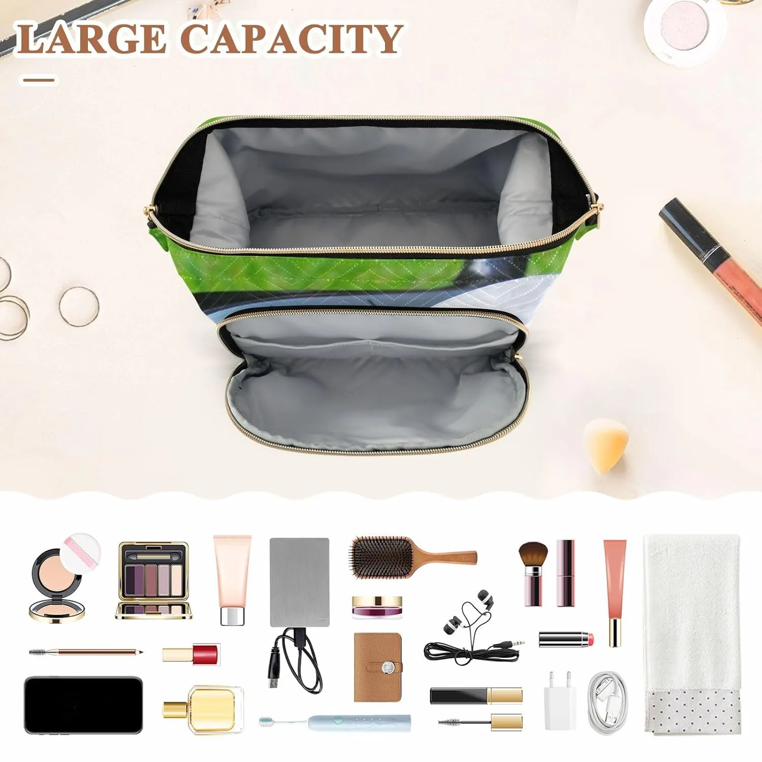 Women Wave Quilt Cosmetic Bag, Zipper Toiletry Storage 10.2x5.9x6.7 in, Pouch Handbag Makeup Case Purse Holder Organizer White Golf Ball Off A Steel Tee Green
