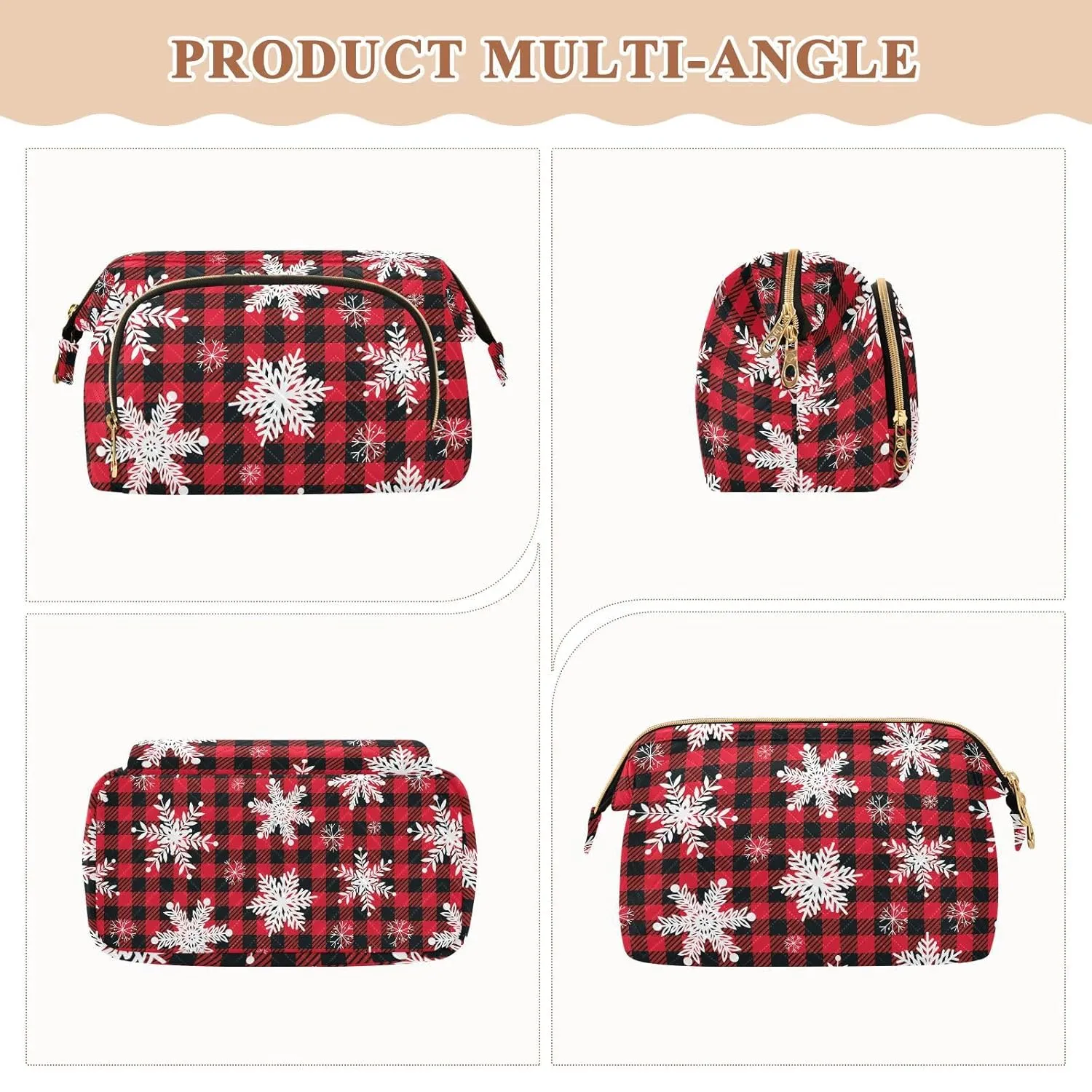 Women Wave Quilt Cosmetic Bag, Zipper Toiletry Storage 10.2x5.9x6.7 in, Pouch Handbag Makeup Case Purse Holder Organizer White Snowflakes On Black White Buffalo Plaid Checker