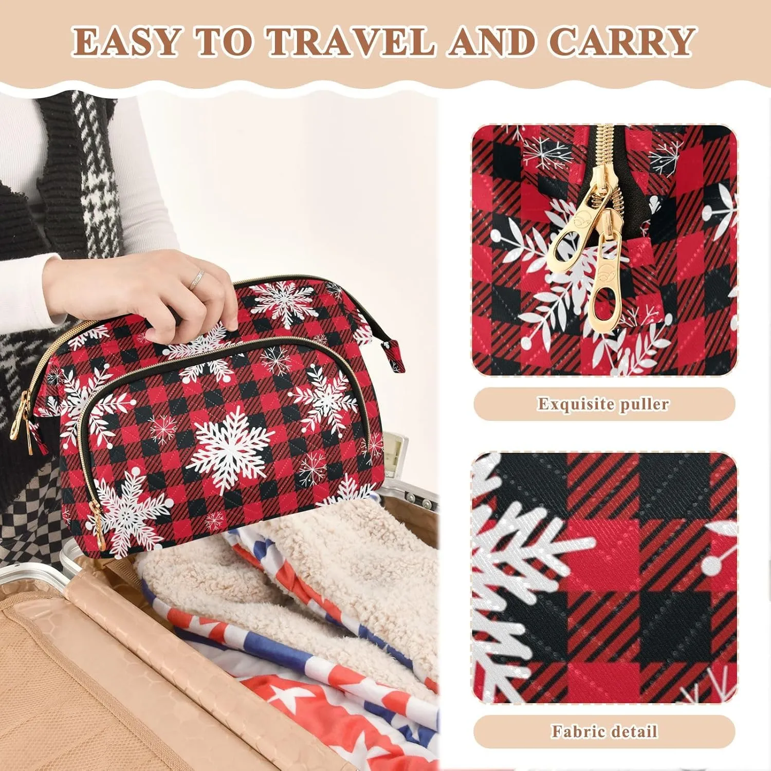Women Wave Quilt Cosmetic Bag, Zipper Toiletry Storage 10.2x5.9x6.7 in, Pouch Handbag Makeup Case Purse Holder Organizer White Snowflakes On Black White Buffalo Plaid Checker