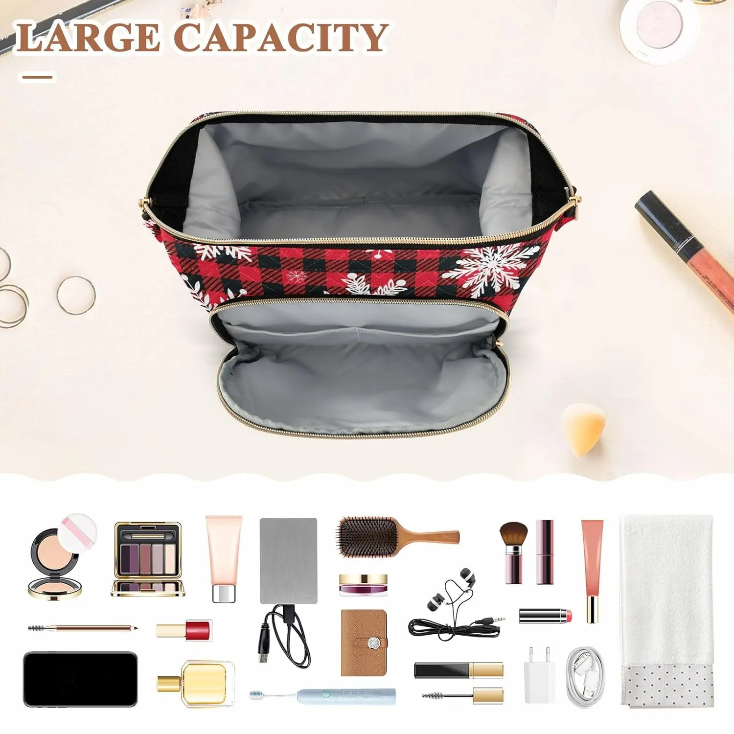 Women Wave Quilt Cosmetic Bag, Zipper Toiletry Storage 10.2x5.9x6.7 in, Pouch Handbag Makeup Case Purse Holder Organizer White Snowflakes On Black White Buffalo Plaid Checker