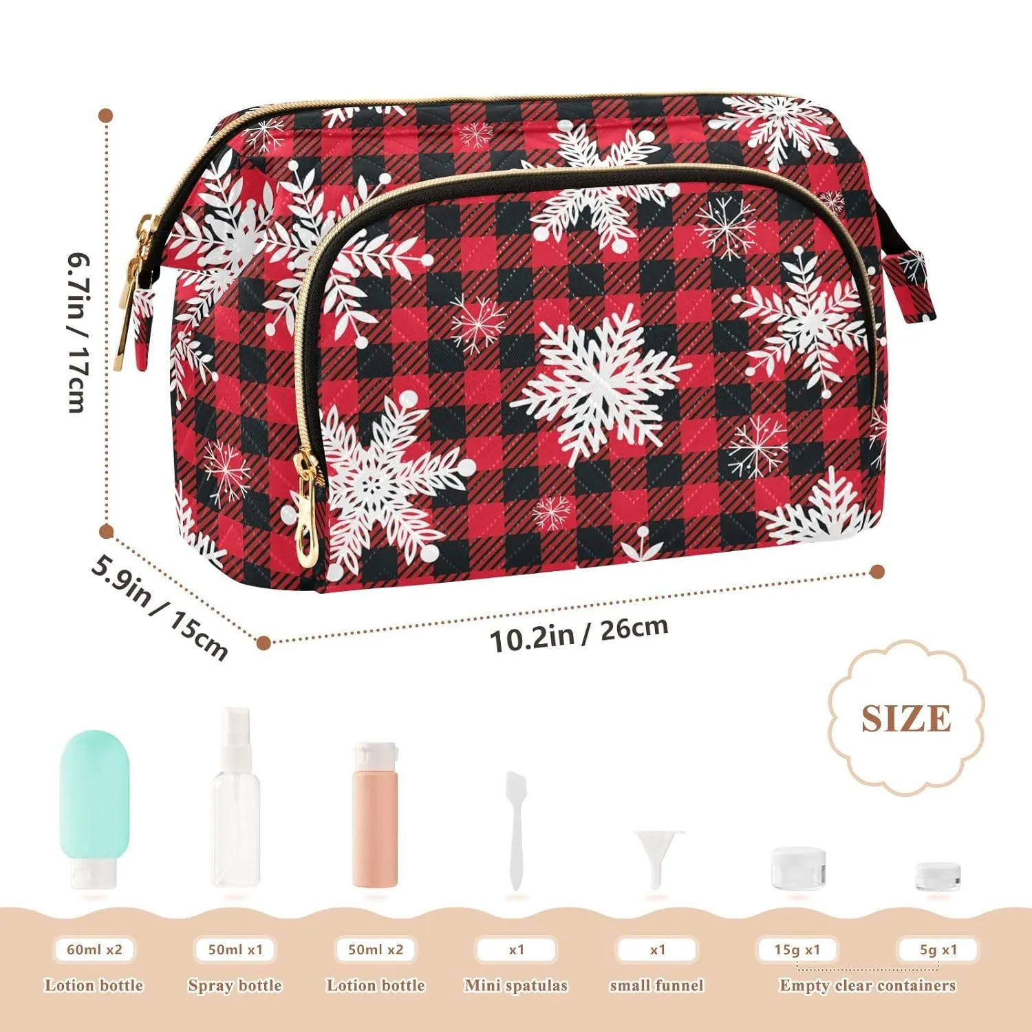 Women Wave Quilt Cosmetic Bag, Zipper Toiletry Storage 10.2x5.9x6.7 in, Pouch Handbag Makeup Case Purse Holder Organizer White Snowflakes On Black White Buffalo Plaid Checker