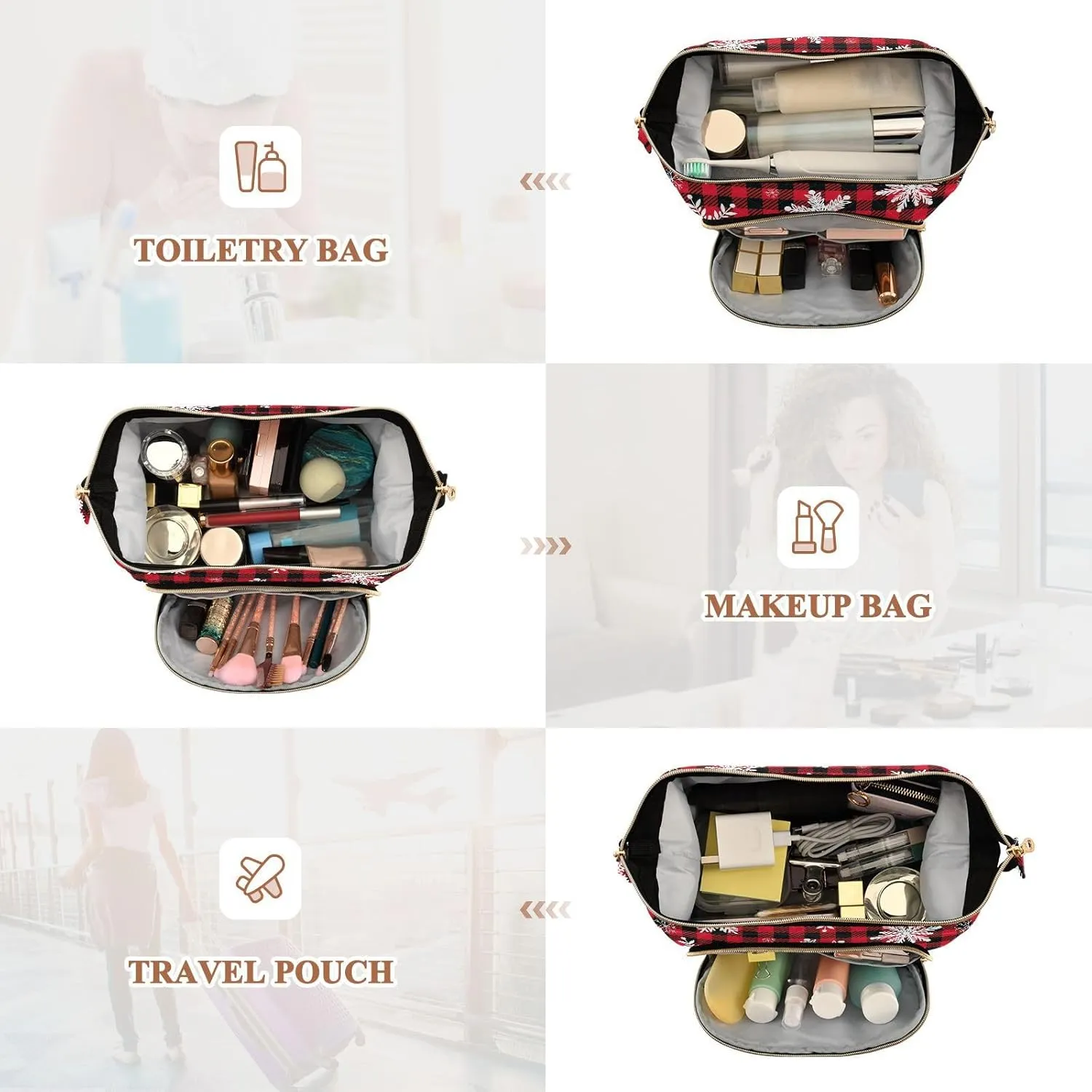 Women Wave Quilt Cosmetic Bag, Zipper Toiletry Storage 10.2x5.9x6.7 in, Pouch Handbag Makeup Case Purse Holder Organizer White Snowflakes On Black White Buffalo Plaid Checker