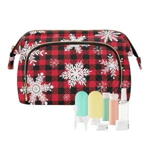 Women Wave Quilt Cosmetic Bag, Zipper Toiletry Storage 10.2x5.9x6.7 in, Pouch Handbag Makeup Case Purse Holder Organizer White Snowflakes On Black White Buffalo Plaid Checker