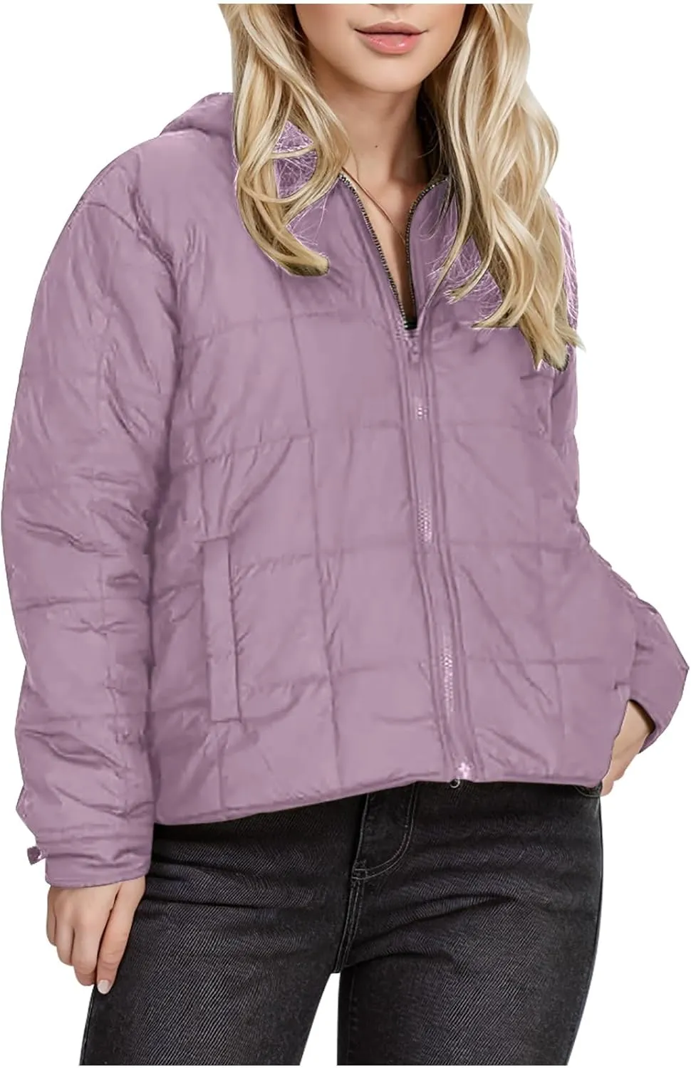 Women Winter Coats Long Sleeve Lightweight Short Jacket Casual Full Zip Baggy Warm Puffer Jacket