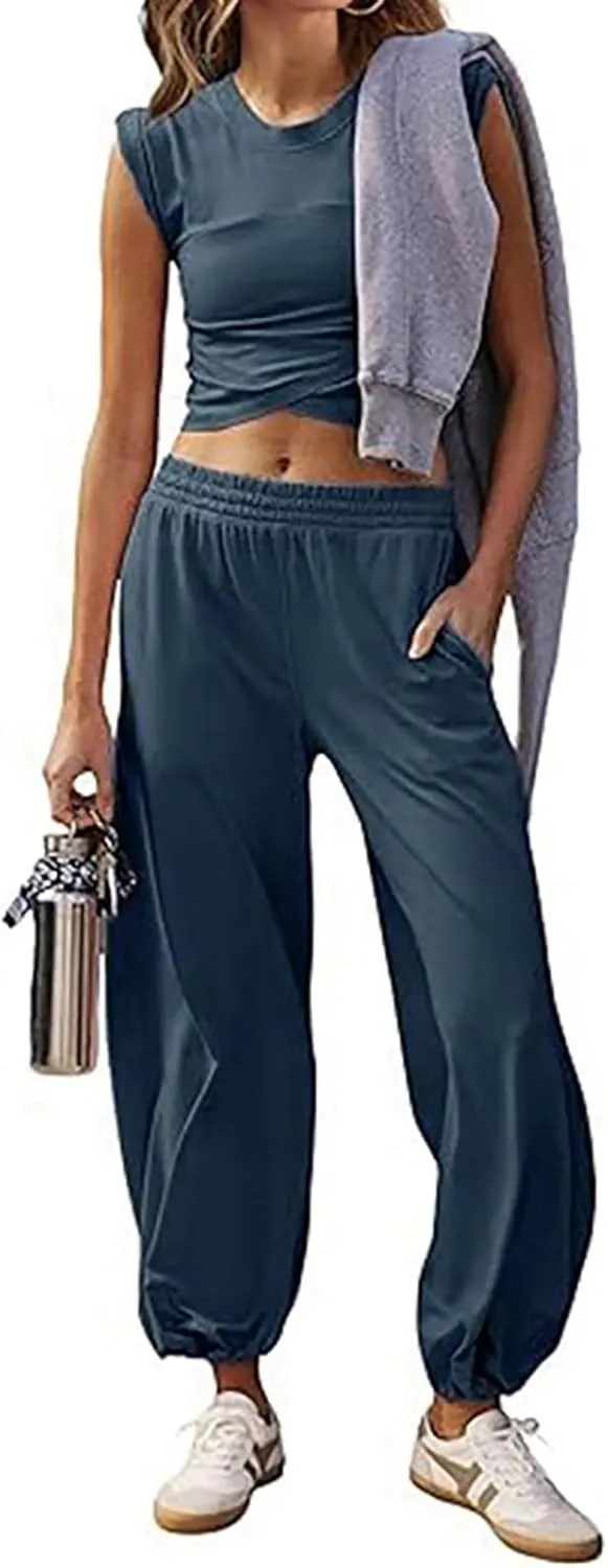 Women's 2 Piece Outfits Cap Sleeve Crissover Crop Top and Jogger Pants Sets Summer Workout Gym Sweatsuits Hip Hop Streetwear