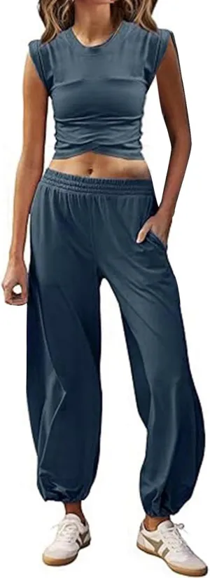 Women's 2 Piece Outfits Cap Sleeve Crissover Crop Top and Jogger Pants Sets Summer Workout Gym Sweatsuits Hip Hop Streetwear