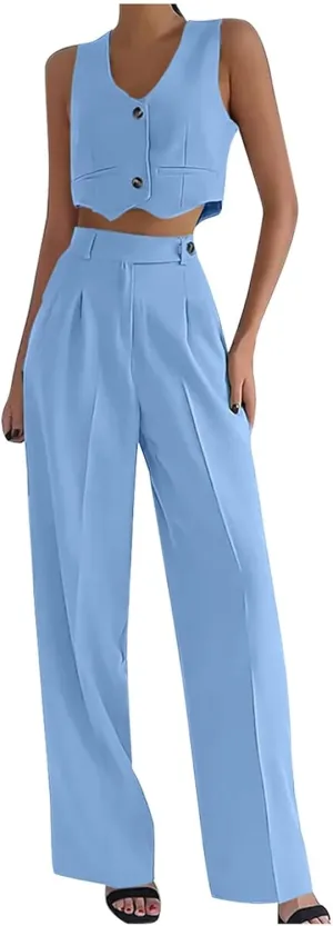 Women's 2 Piece Outfits Matching Business Casual Outfits V Neck Crop Vest Blazer and Wide Leg Suit Pants Sets