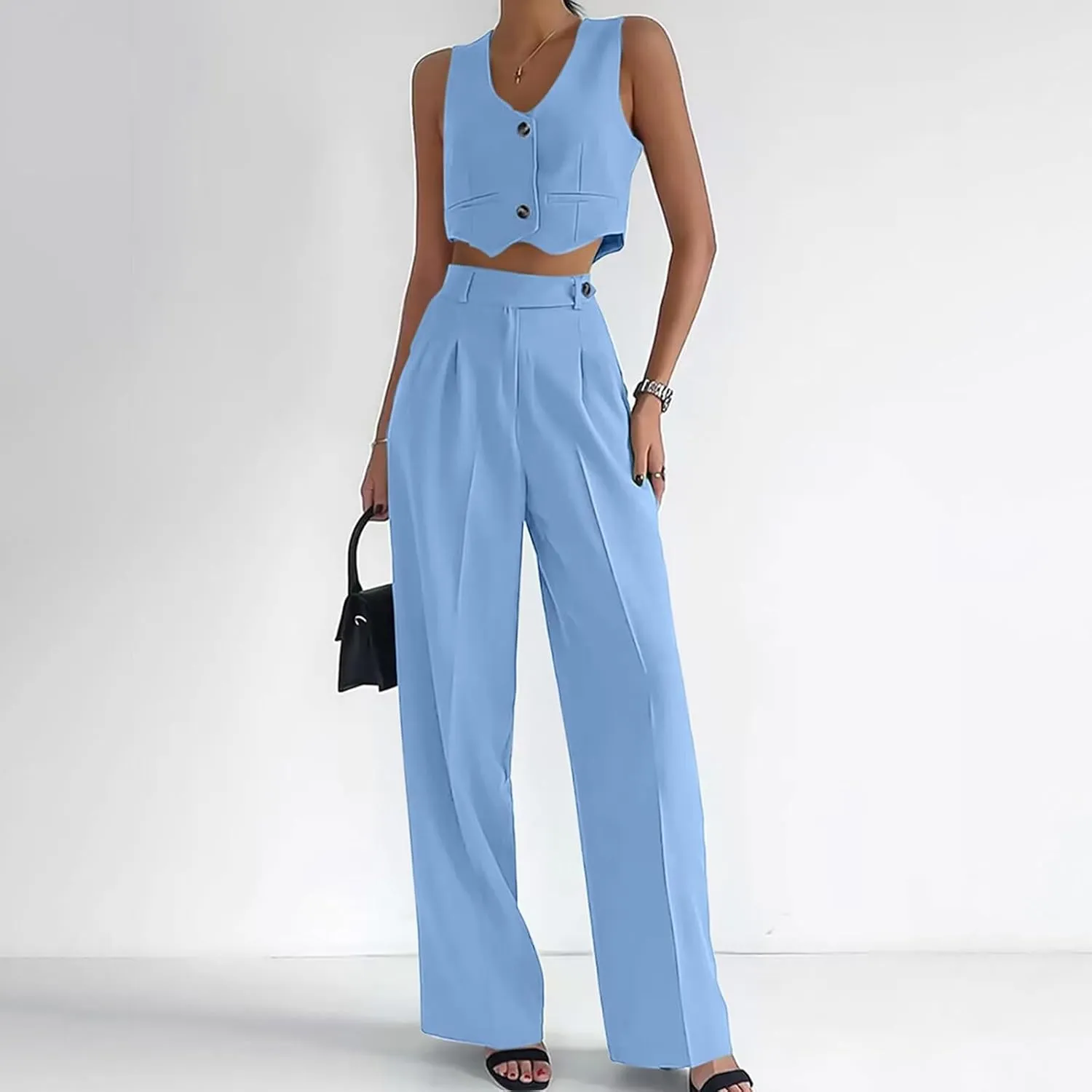 Women's 2 Piece Outfits Matching Business Casual Outfits V Neck Crop Vest Blazer and Wide Leg Suit Pants Sets
