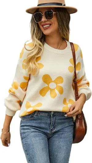 Womens Autumn Winter Sweaters Warm Comfortable Pullovers Casual Fashion Cardigans Ladies Printed Flower Sweater