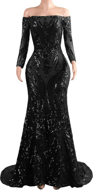 Women's Bateau Long Sleeves Sequins Mermaid Evening Dress