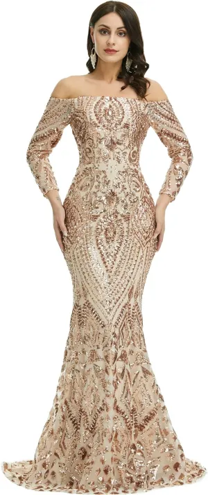 Women's Bateau Long Sleeves Sequins Mermaid Evening Dress