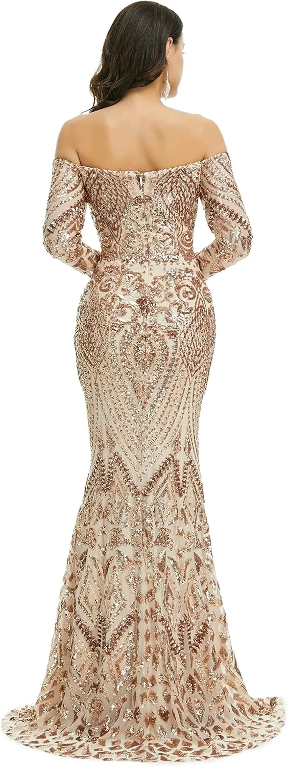Women's Bateau Long Sleeves Sequins Mermaid Evening Dress