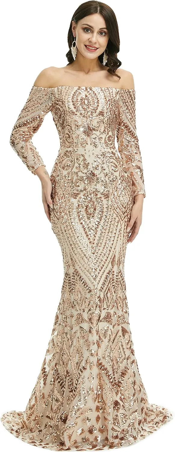 Women's Bateau Long Sleeves Sequins Mermaid Evening Dress