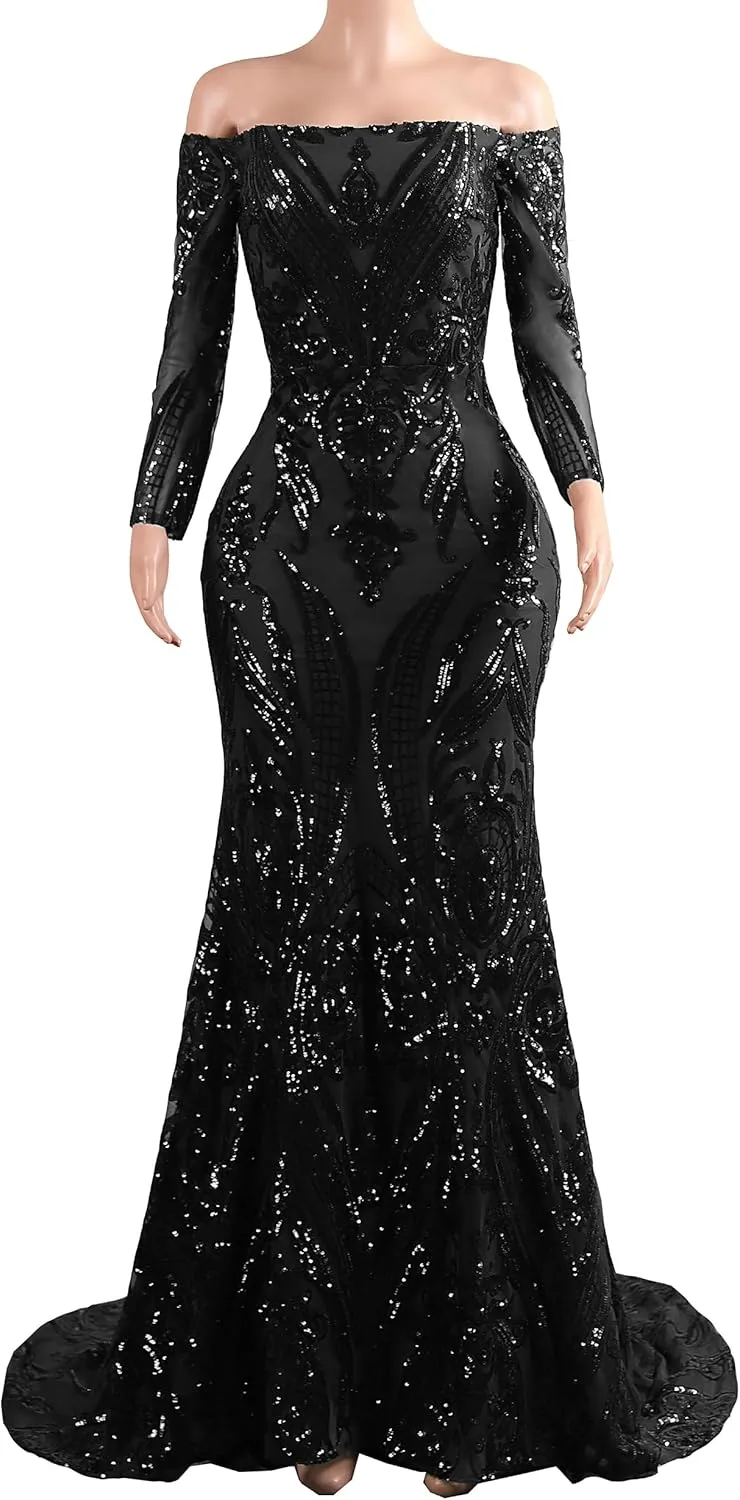Women's Bateau Long Sleeves Sequins Mermaid Evening Dress