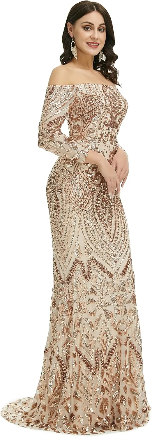 Women's Bateau Long Sleeves Sequins Mermaid Evening Dress