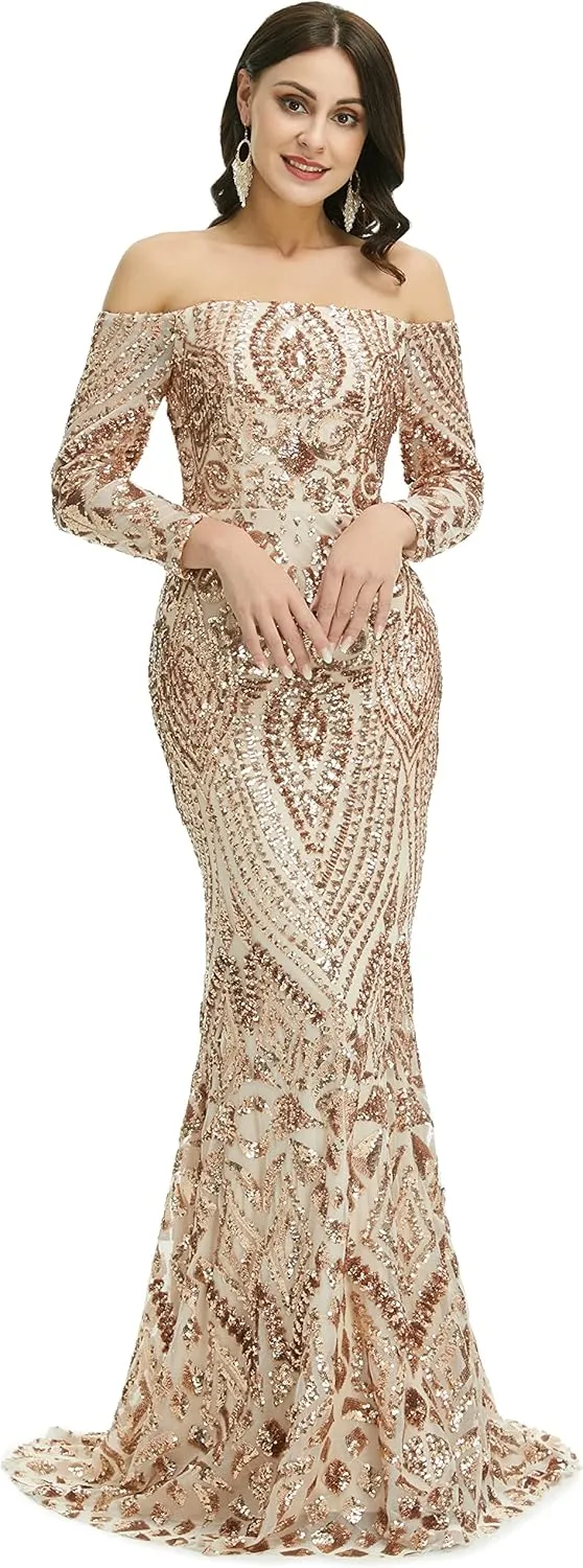 Women's Bateau Long Sleeves Sequins Mermaid Evening Dress
