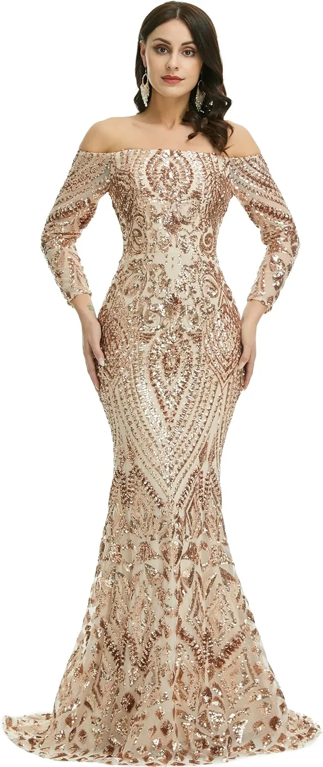 Women's Bateau Long Sleeves Sequins Mermaid Evening Dress