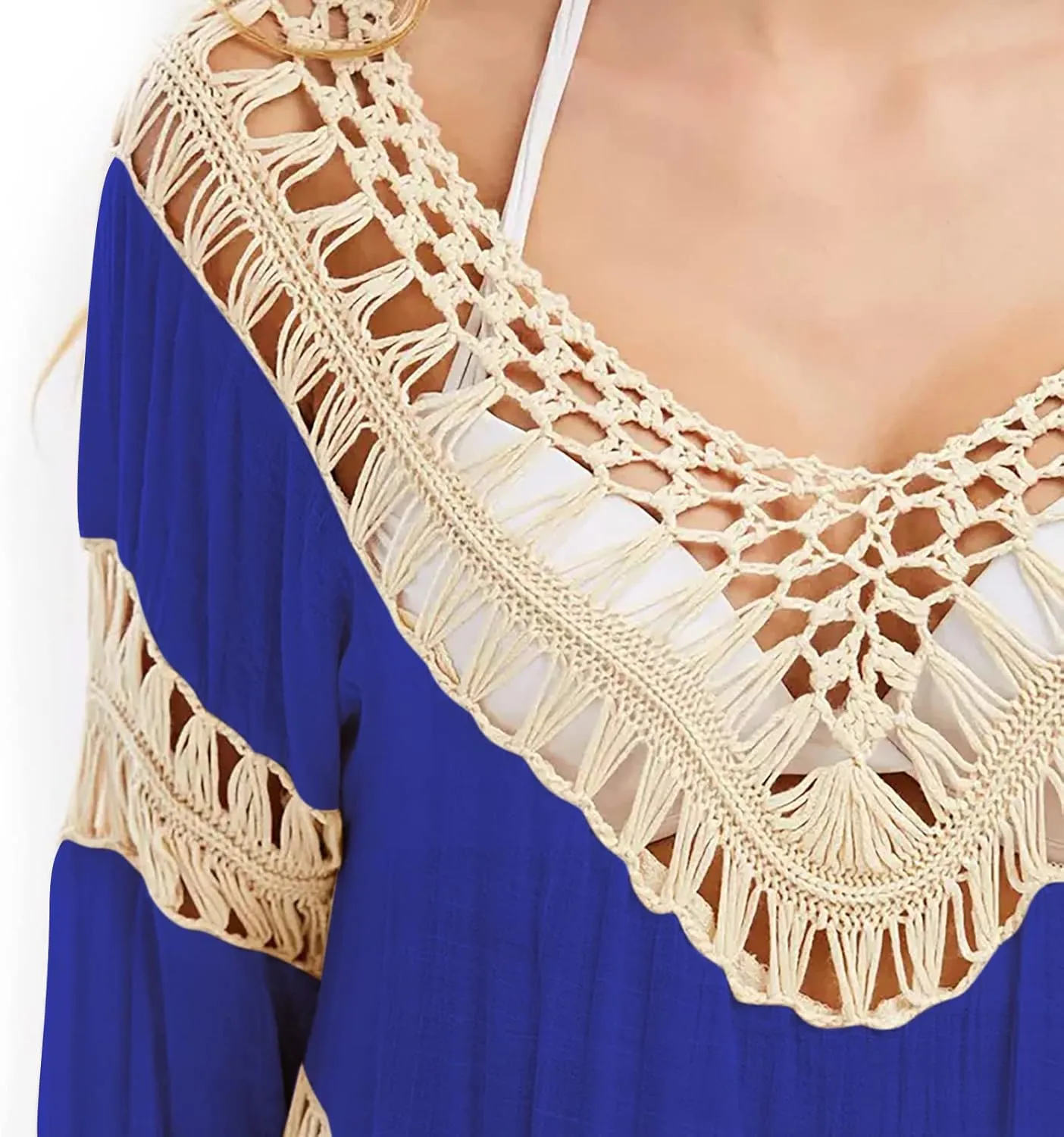 Women’s Boho V Neck Crochet Tunic Tops Blouse Shirt Hollow Out Beach Swimsuit Cover up