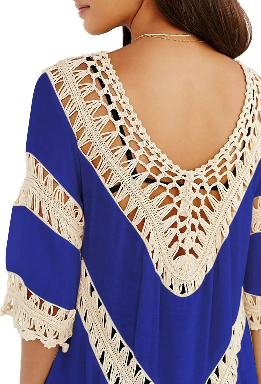 Women’s Boho V Neck Crochet Tunic Tops Blouse Shirt Hollow Out Beach Swimsuit Cover up