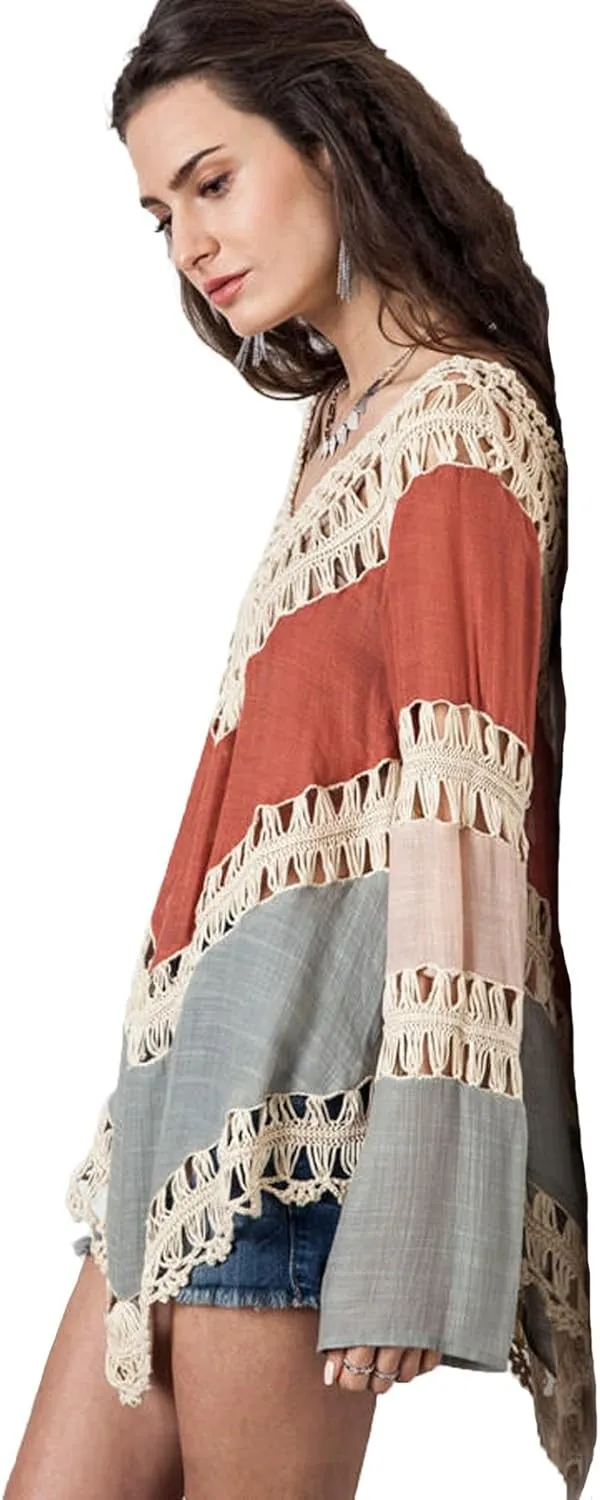 Women’s Boho V Neck Crochet Tunic Tops Blouse Shirt Hollow Out Beach Swimsuit Cover up