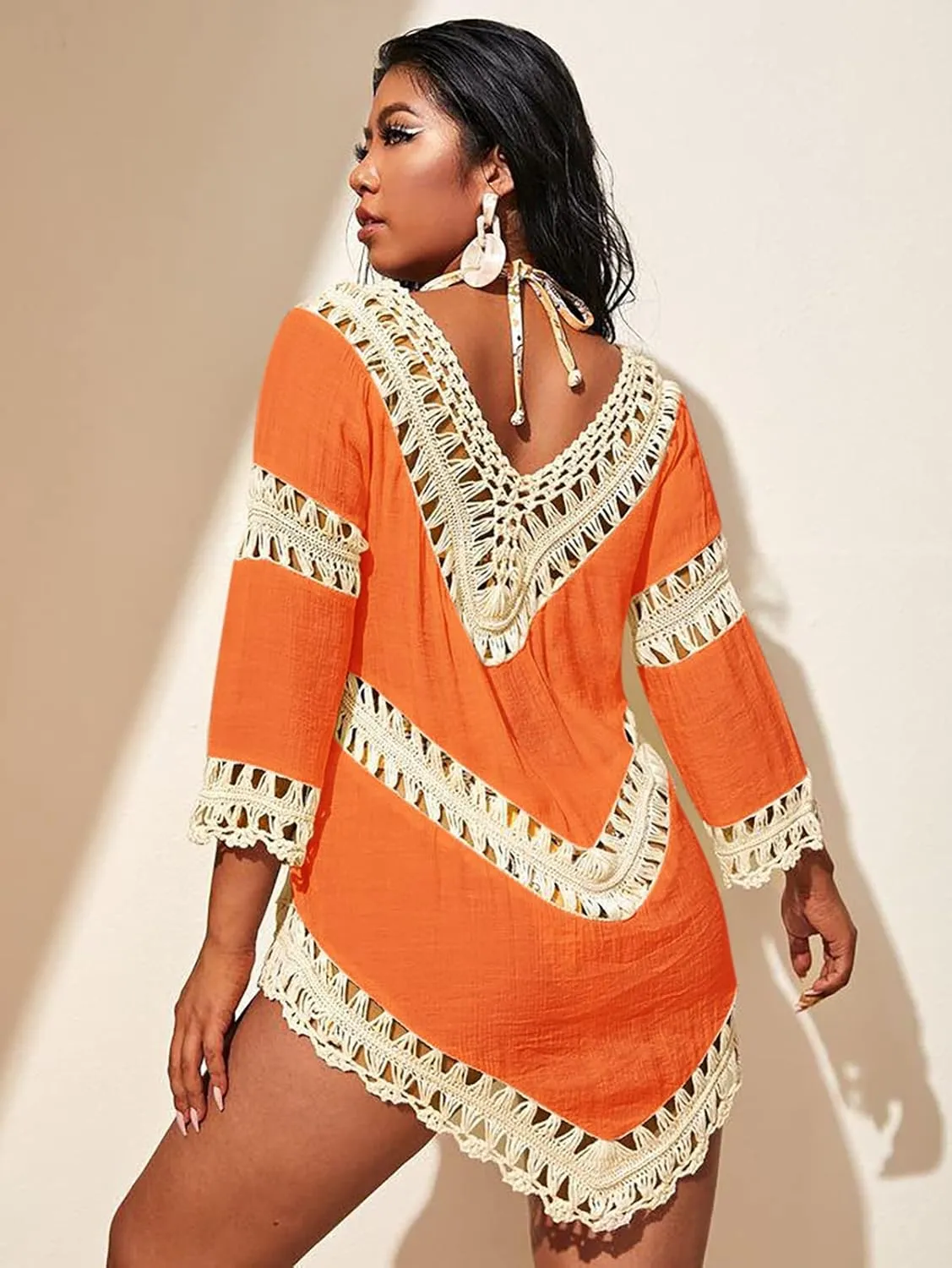 Women’s Boho V Neck Crochet Tunic Tops Blouse Shirt Hollow Out Beach Swimsuit Cover up