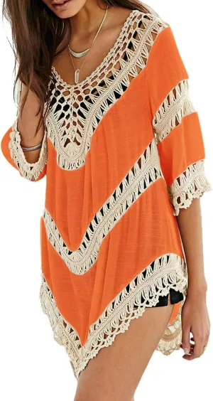 Women’s Boho V Neck Crochet Tunic Tops Blouse Shirt Hollow Out Beach Swimsuit Cover up