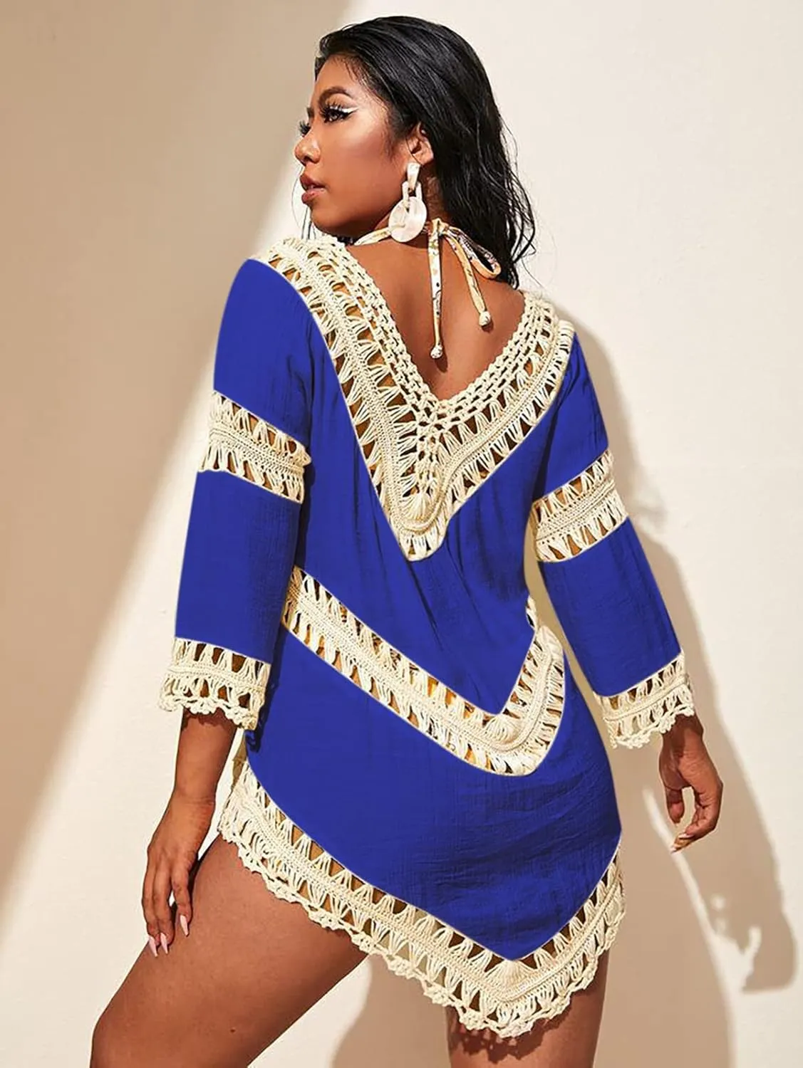 Women’s Boho V Neck Crochet Tunic Tops Blouse Shirt Hollow Out Beach Swimsuit Cover up