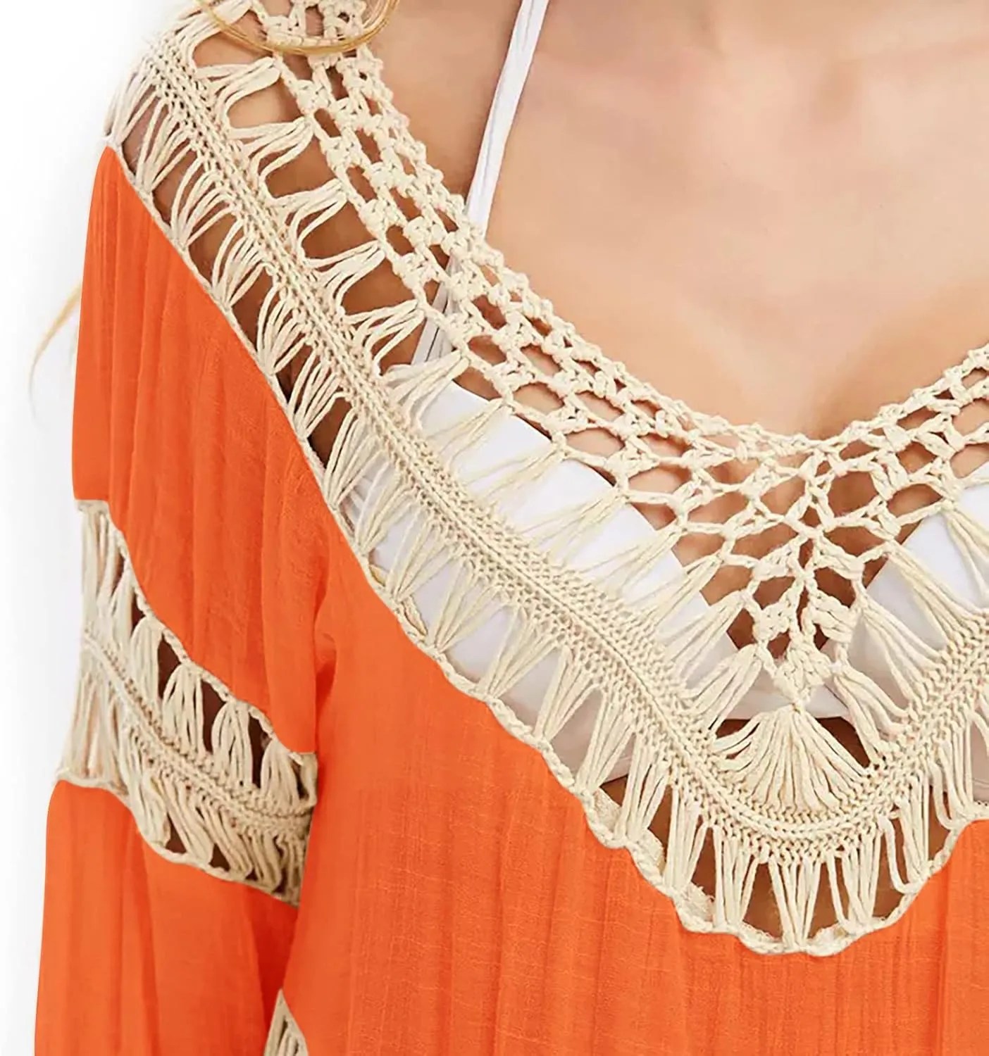 Women’s Boho V Neck Crochet Tunic Tops Blouse Shirt Hollow Out Beach Swimsuit Cover up