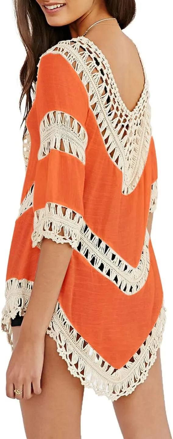 Women’s Boho V Neck Crochet Tunic Tops Blouse Shirt Hollow Out Beach Swimsuit Cover up