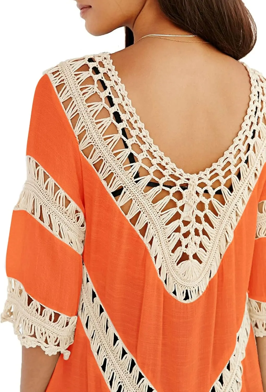 Women’s Boho V Neck Crochet Tunic Tops Blouse Shirt Hollow Out Beach Swimsuit Cover up