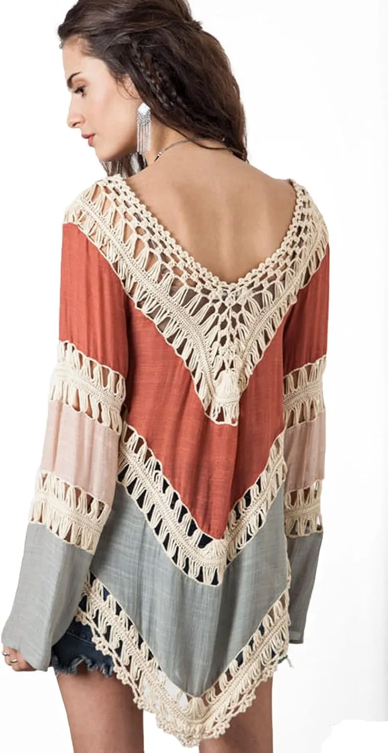 Women’s Boho V Neck Crochet Tunic Tops Blouse Shirt Hollow Out Beach Swimsuit Cover up