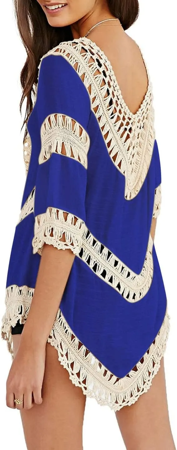 Women’s Boho V Neck Crochet Tunic Tops Blouse Shirt Hollow Out Beach Swimsuit Cover up
