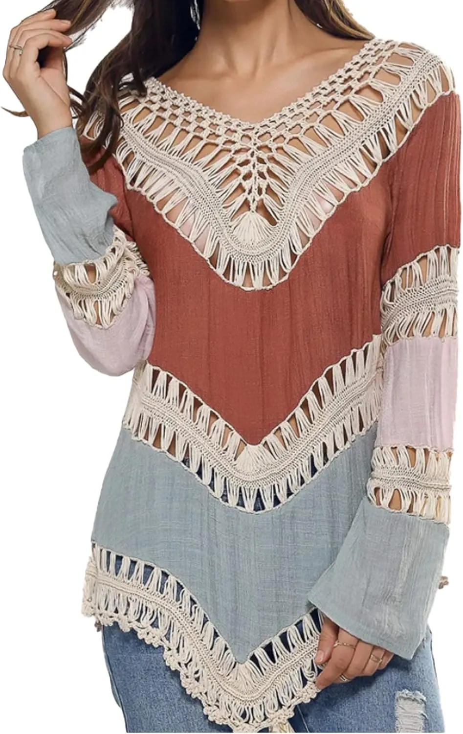 Women’s Boho V Neck Crochet Tunic Tops Blouse Shirt Hollow Out Beach Swimsuit Cover up