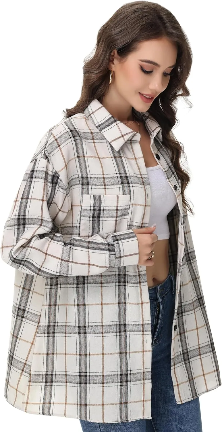 Womens Button Down Plaid Shirts Oversized Long Sleeve Collared Casual Blouse Top