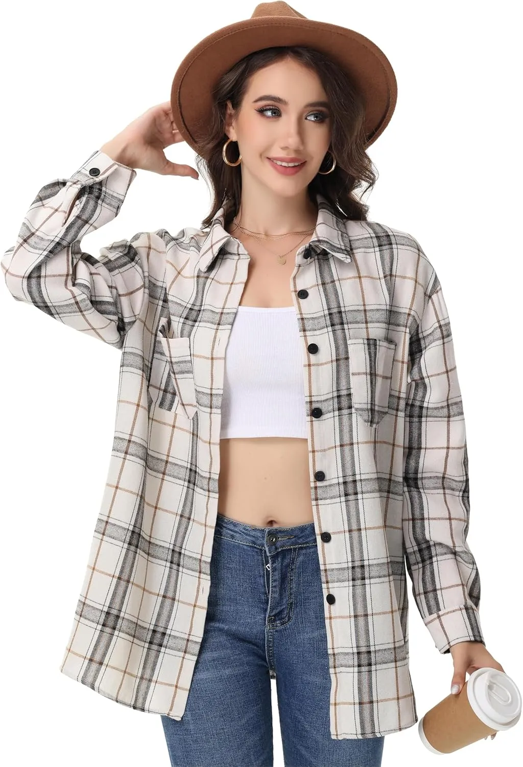 Womens Button Down Plaid Shirts Oversized Long Sleeve Collared Casual Blouse Top