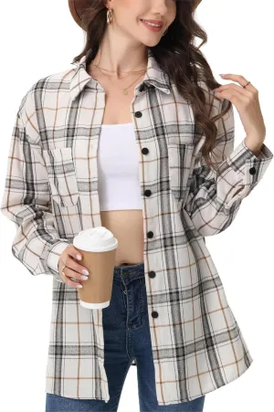 Womens Button Down Plaid Shirts Oversized Long Sleeve Collared Casual Blouse Top