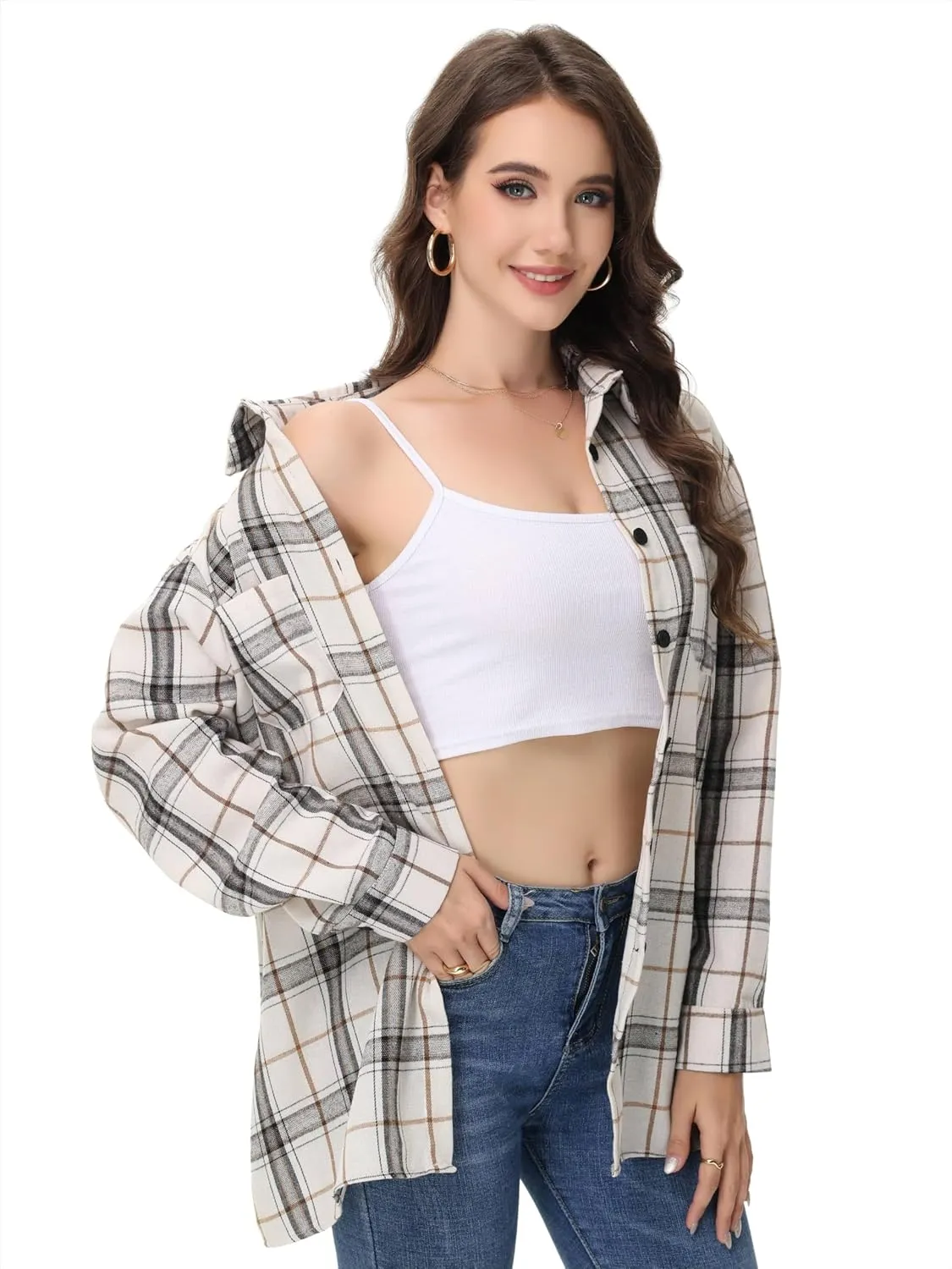 Womens Button Down Plaid Shirts Oversized Long Sleeve Collared Casual Blouse Top