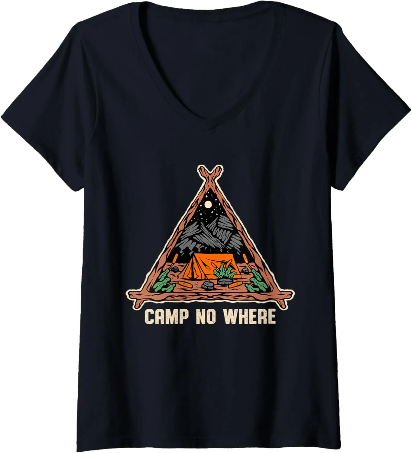 Womens Camp No Where Outdoor Camping Nature Camper Mountain Forest V-Neck T-Shirt