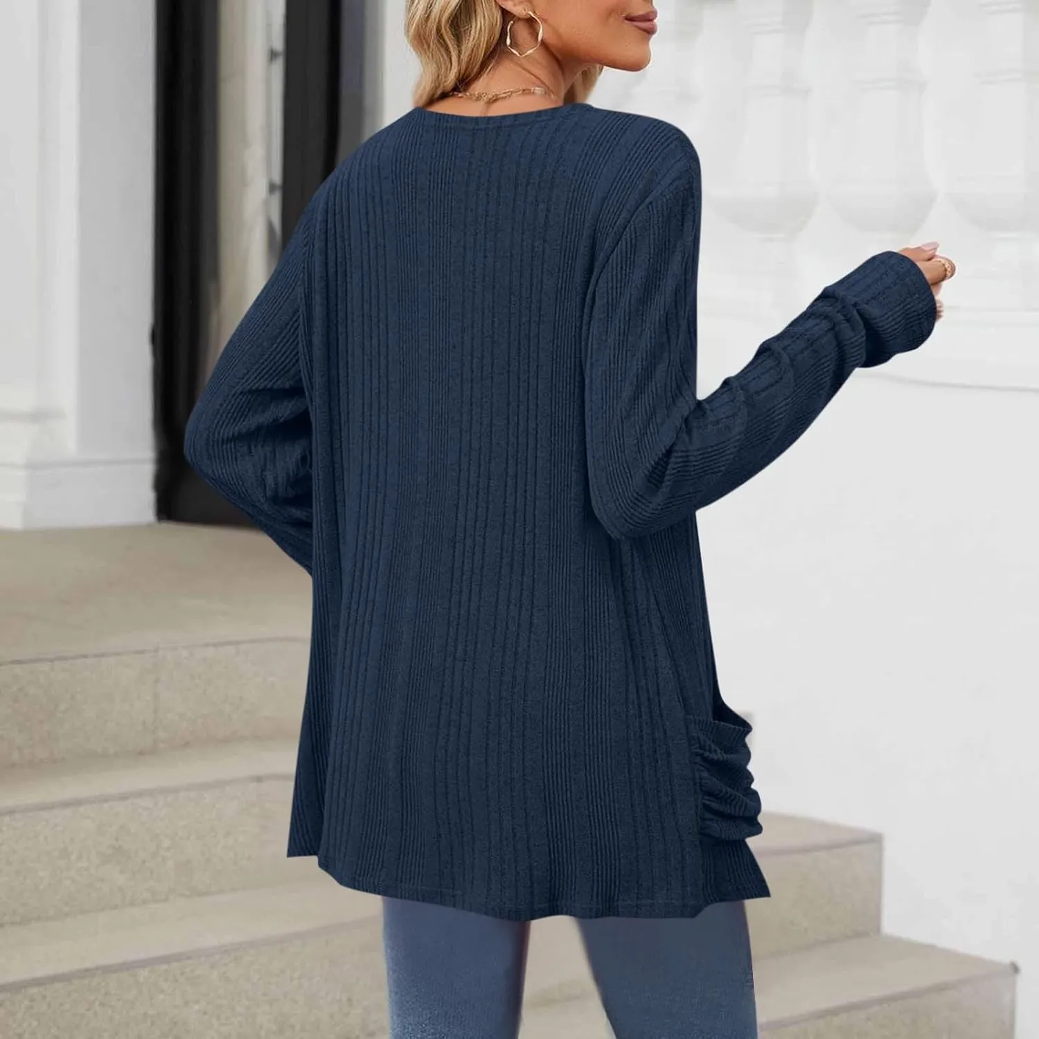 Women's Cardigan Coat Fashion Ribbed Knit Brushed Stripe Tunic Tops Long Sleeve Coat Fall Outdoor Comfy Cardigan Coat