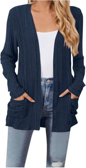 Women's Cardigan Coat Fashion Ribbed Knit Brushed Stripe Tunic Tops Long Sleeve Coat Fall Outdoor Comfy Cardigan Coat