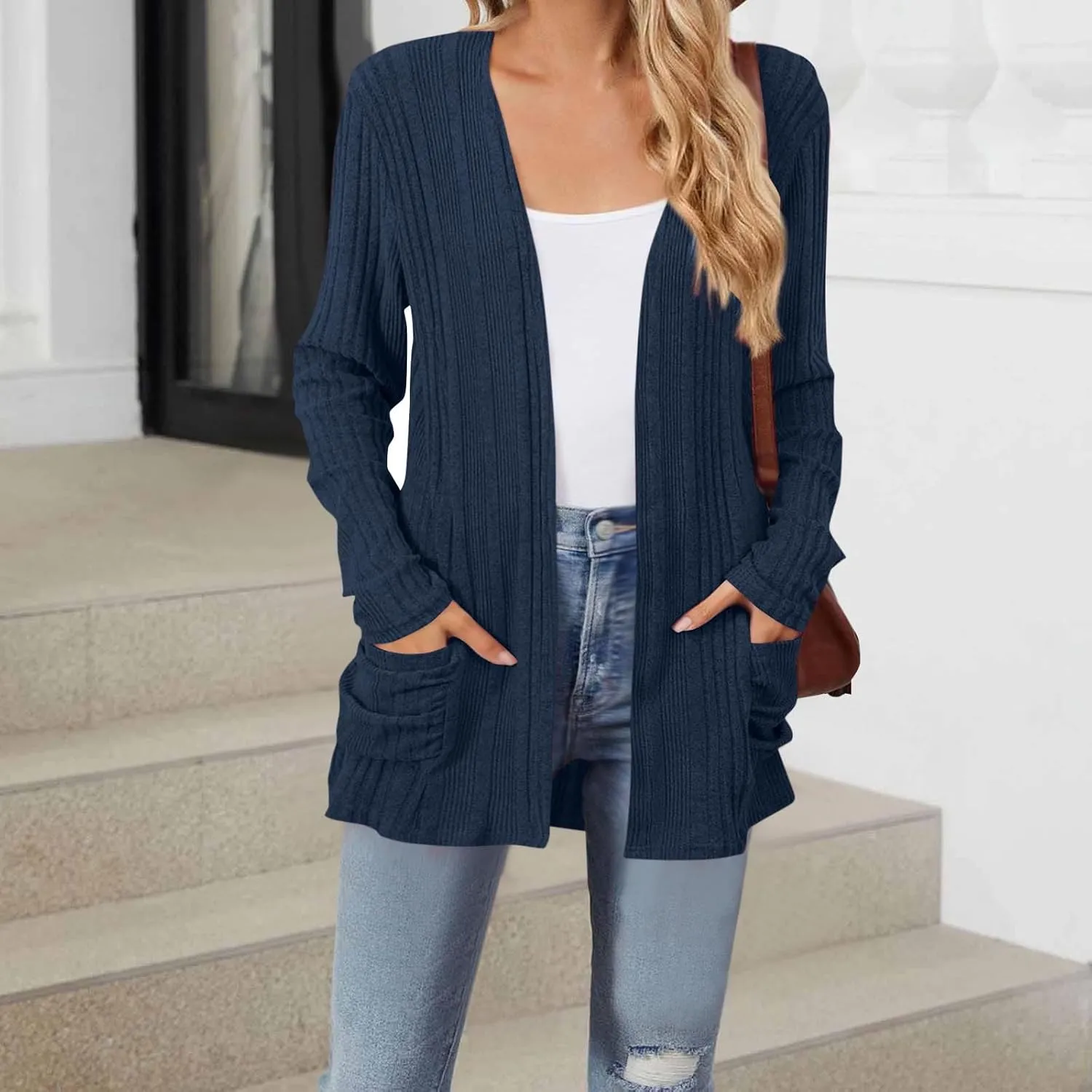 Women's Cardigan Coat Fashion Ribbed Knit Brushed Stripe Tunic Tops Long Sleeve Coat Fall Outdoor Comfy Cardigan Coat