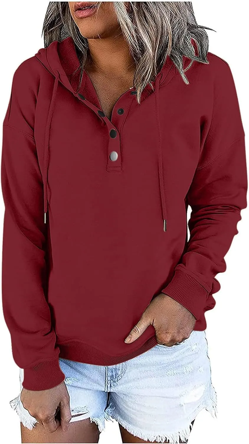 Womens Casual Button Down Hoodie Sweatshirts Fall Fashion 2023 Outfits Long Sleeve Comfy Solid Pullover Hoodies